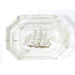 A Hoffman glass pin dish with tall ship detail. Approx. 2 3/4" wide Please Note - we do not make