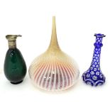 Three items of 19th and 20thC glass comprising a blue glass decanter, a bottle vase in the Murano