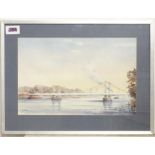 A watercolour by Charles Patrickson depicting Chelsea Bridge over the River Thames. Signed lower