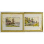 C. Jones, 20th century, Watercolours, Two river landscape scenes, one with a man crossing a canal