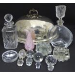 A quantity of assorted miscellaneous items to include a silver plate food dome, glass decanters