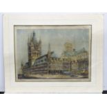 A signed colour aquatint depicting St Martin's Cathedral, Ypres, Belgium by William Monk,