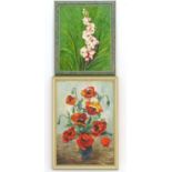 G. G. Gadson, 20th century, Oil on canvas board, A still life study of pink gladiolus. Signed and
