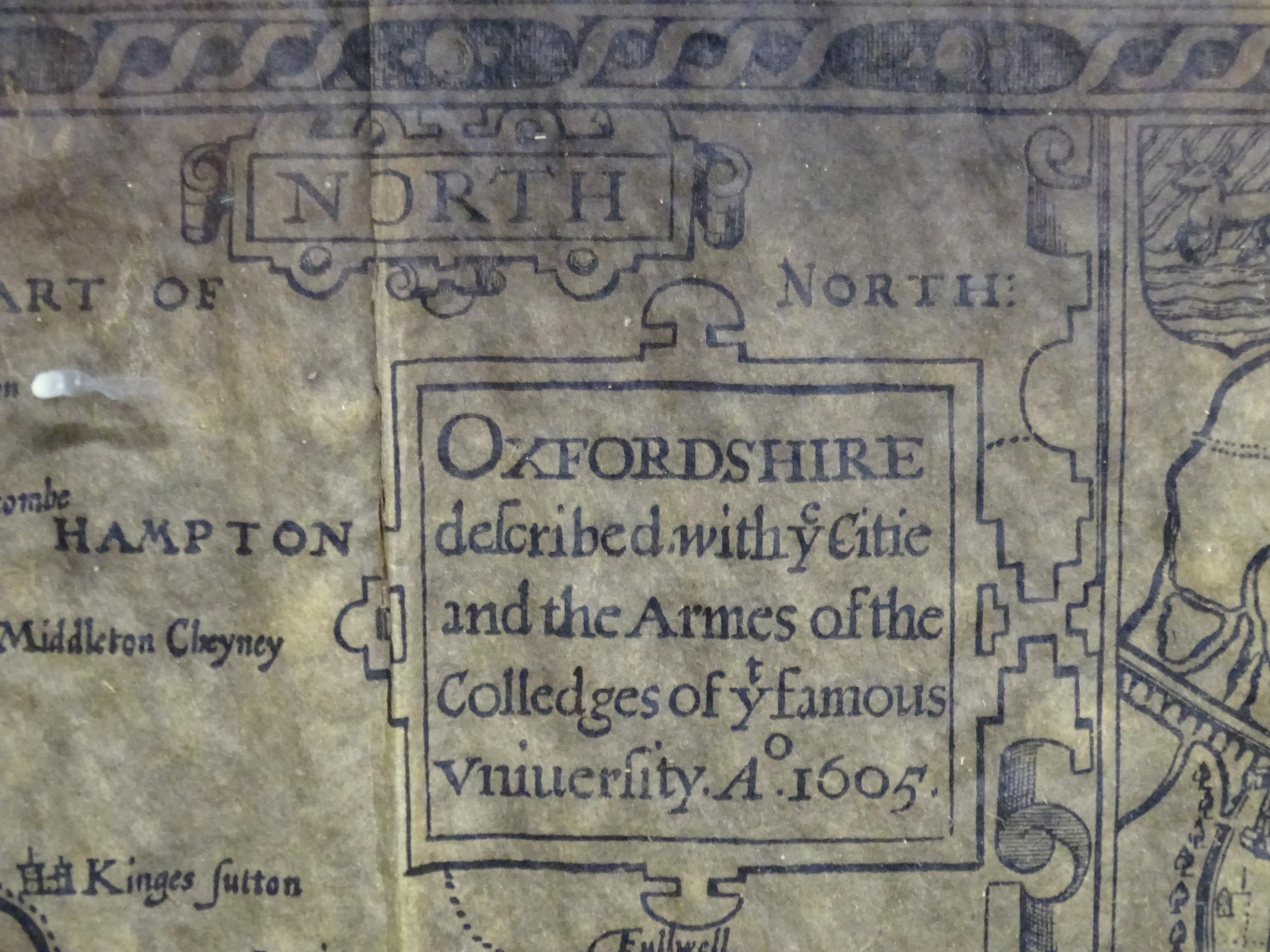 A map of Oxfordshire after John Speed, depicting the city of Oxford bordered by the coat of arms - Image 4 of 4