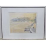 A signed limited edition print depicting boats on the Seine, Paris, by Derek Mynott. Signed and