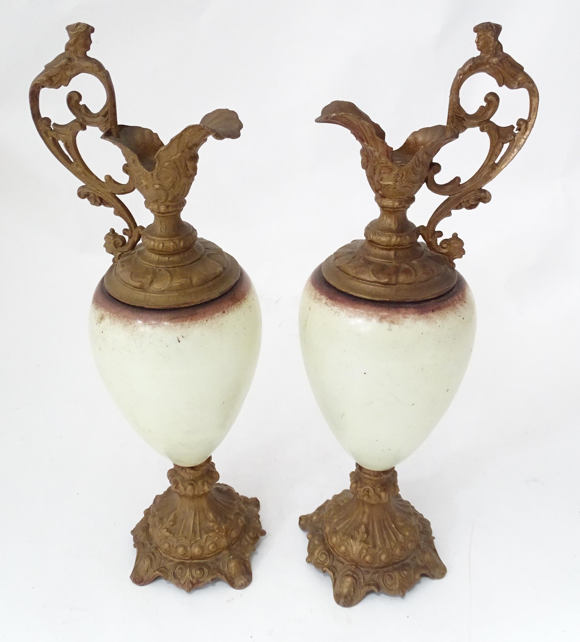 A pair of hand painted glass ewers with gilt metal mounts. Approx. 21" high (2) Please Note - we - Image 2 of 6