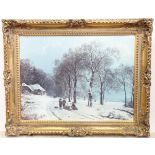 A framed oleograph depicting a winter landscape with figures after Barend Cornelis Koekkoek. Approx.