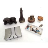 Assorted miscellaneous items to include Serpentine model of a light house, magnifying glass etc