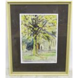 A watercolour depicting a large tree with buildings, signed C. Law lower right. Approx. 13 3/4" x