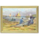 20th century, Oil on board, A coastal scene with figures fixing fishing nets on the beach, with