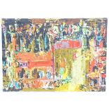 A mixed media painting on canvas depicting an abstract street scene, signed Emerson lower right.