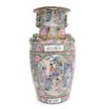 An Oriental stick / umbrella stand of vase form decorated with figures, flowers, butterflies, etc.