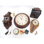 A box of clocks and clock parts, barometers, etc. Please Note - we do not make reference to the