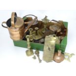 Assorted metal ware to include copper and brass and items such as water candles, candlesticks,