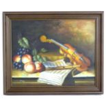 J. Magus, 20th century, Oil on canvas, A still life study with fruit, a violin, books, music scores,