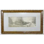 A large framed monochrome photograph depicting figures by a castle. Approx. 8 1/4" x 23" Please Note
