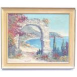 An oil on canvas depicting an Italian coastal scene with stone arch. Signed Aldo Conti lower.