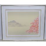 A signed limited edition print titled Lake Blossom with mountains, by Jan King (Australian). Signed,