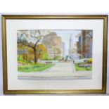 A watercolour depicting a city park with a fountain and figures resting on benches, by Katherine