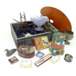 Box of assorted miscellaneous items including and artists, an Ever Sharpe writing implement, Glass