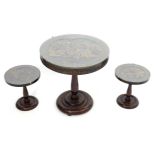 Three Oriental occasional tables with carved decoration depicting rural scenes etc. Largest