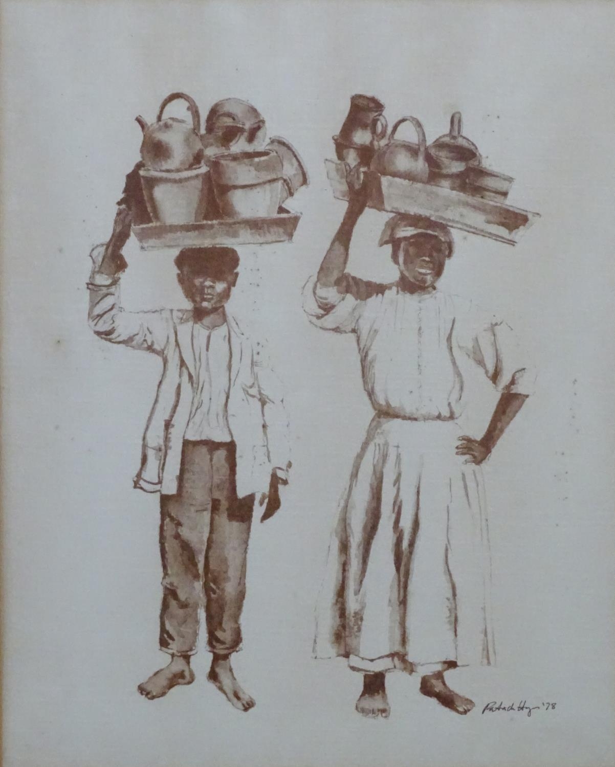Patrick Hayes, 20th century, Print on textured paper, Two Caribbean figures carrying pots and - Image 3 of 4
