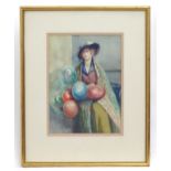 Ethel Woolmer, Early 20th century, Watercolour, The Balloon Girl. A portrait of a young lady selling