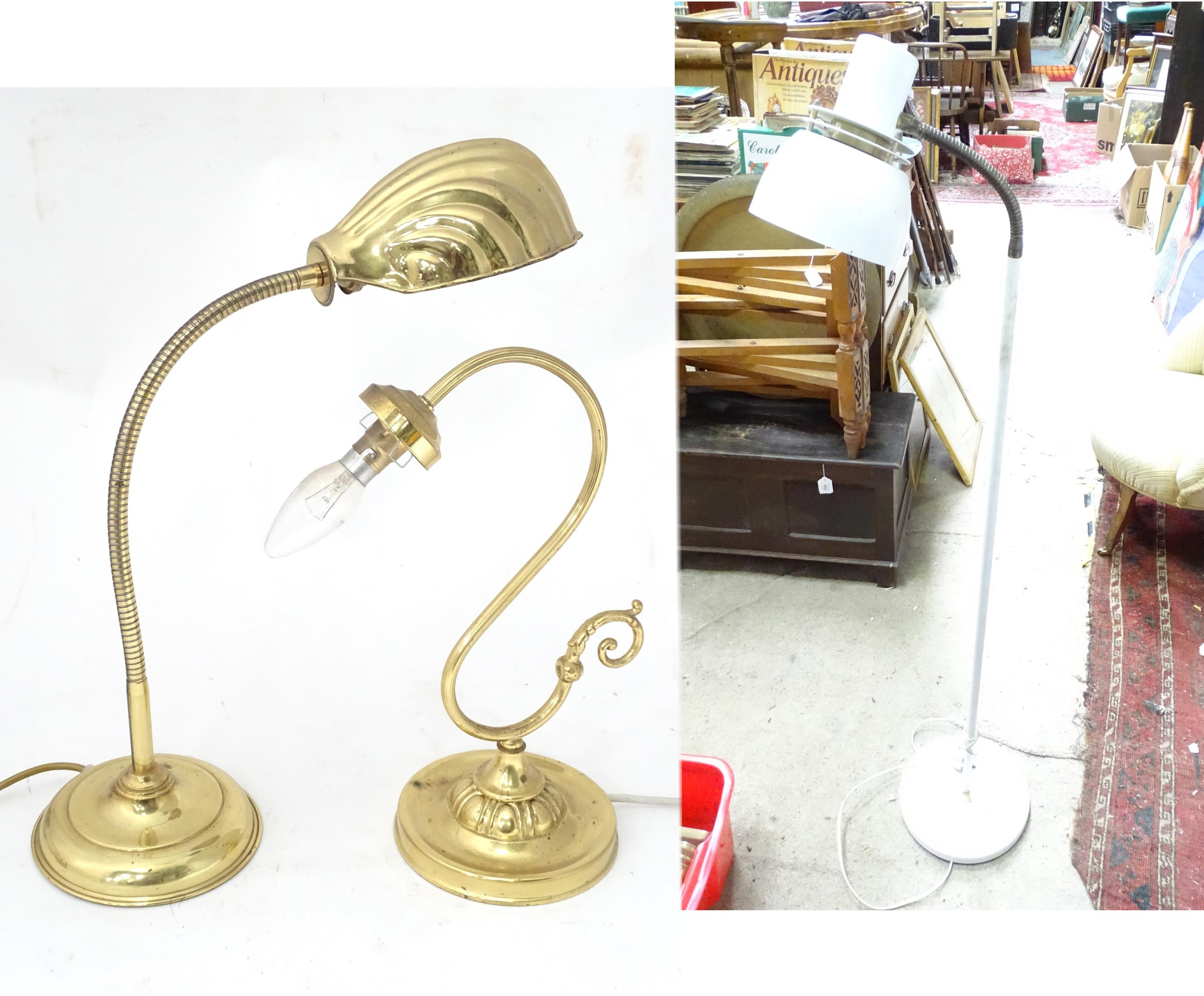 A vintage retro standard lamp together with two brass desk lamps. Largest approx. 54" high (3)