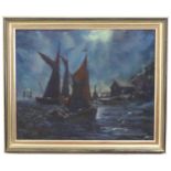 J. Rockingham, 20th century, Oil on canvas board, Moonlight Boats, A harbour scene at night.