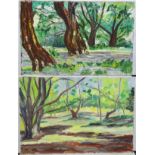 A pair of oil on board paintings titles Heath Landscape I, and Four Trees, Hampstead. Both signed