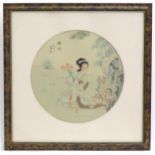 Japanese School, Watercolour on silk, A garden scene with a young lady holding a vase. Character