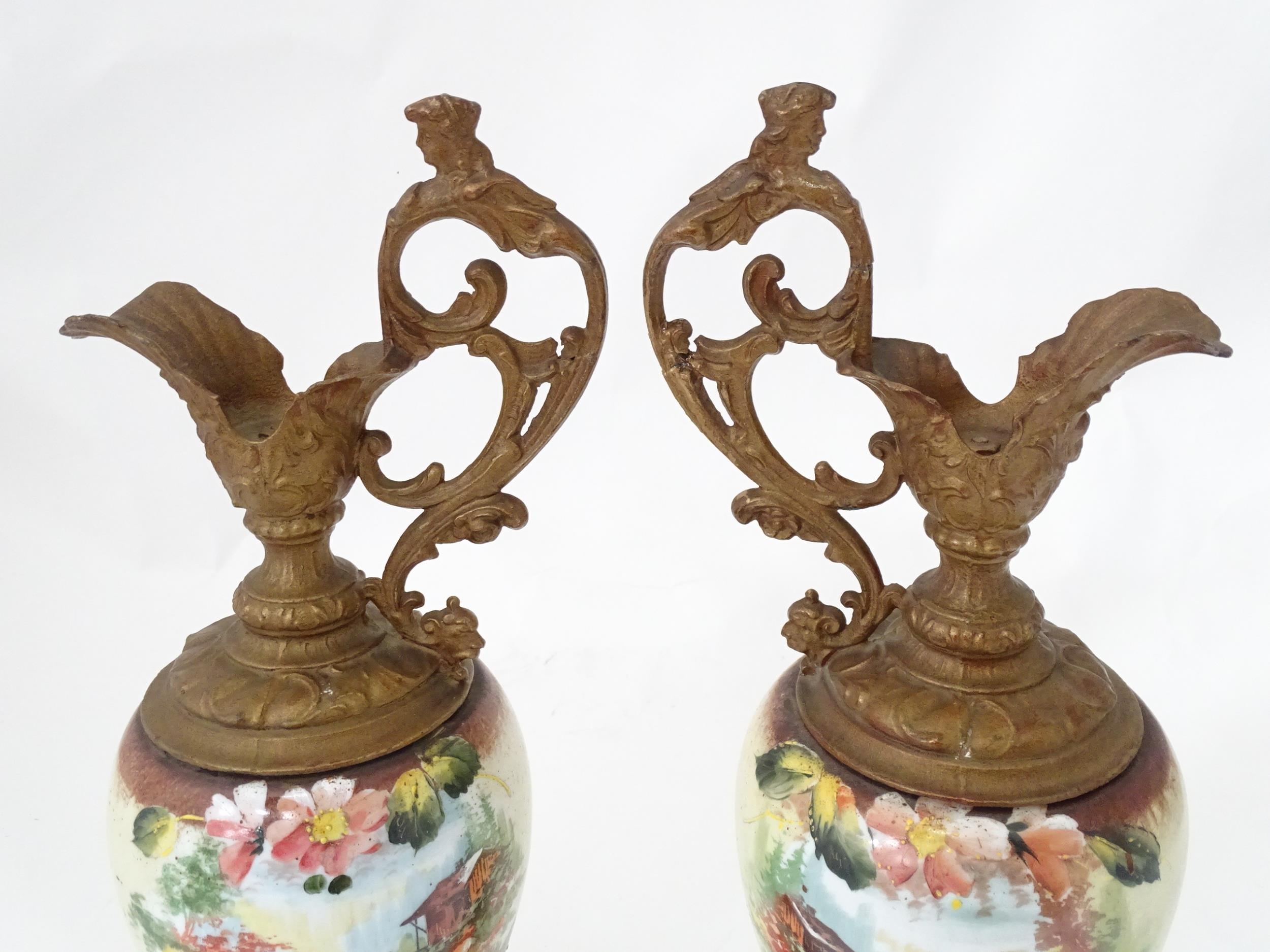 A pair of hand painted glass ewers with gilt metal mounts. Approx. 21" high (2) Please Note - we - Image 5 of 6