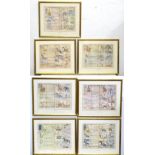 Seven restrike prints depicting the Thai calendar / astrology charts to include The Year of the
