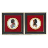 A pair of hand painted silhouettes style portraits on convex glass depicting Lord Nelson, and Lady