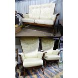 An Ercol suite comprising a two seater sofa and two armchairs. Sofa approx. 55" wide x 45" high x