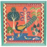 A framed tapestry / woolwork depicting peacock, ducks etc. in a landscape. Approx 15 3/4" x 16"