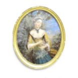 A 19thC convex oval overpainted print depicting a young lady with a dove. Approx. 20 3/4" x 17 3/