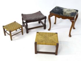 A piano stool, together with three assorted footstools, two with seagrass tops. Largest approx. 21