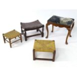 A piano stool, together with three assorted footstools, two with seagrass tops. Largest approx. 21