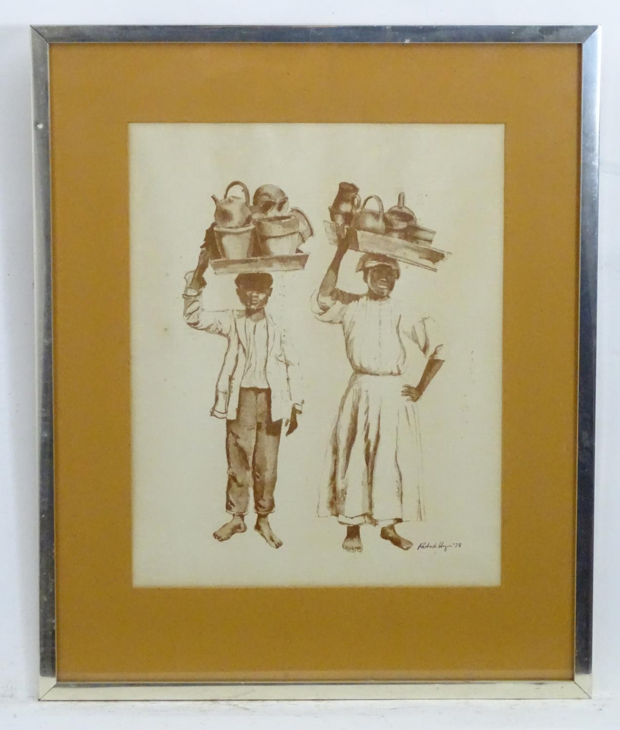 Patrick Hayes, 20th century, Print on textured paper, Two Caribbean figures carrying pots and