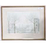 A signed limited edition print by Jeremy King, depicting a London park scene with a view of Tower