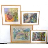 Four paintings by Olive van Laveren to include Flash Flood Bridge at Aldenham; Flower, Sun Power;