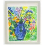 A colour print depicting a still life study of flowers and a blue jug, by Lena A. Linderholm.