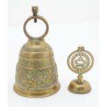 A late 19thC brass church bell, inscribed 'Vocem Meam audit oui me tangit' ('Who touches me, hears