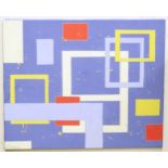 A mixed media painting depicting an abstract composition with squares and rectangles. Signed