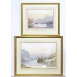 Two watercolours titled Ulls Water and Thirlmere, depicting lake landscapes with mountains beyond by