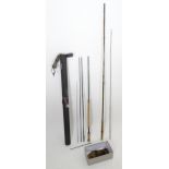 Assorted fishing items to include split cane fishing rod labelled ' Hardy Brothers', various