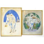 Two 20thC French oval paintings on fabric, one depicting a Pierrot style figure playing a violin