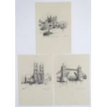 Ernest Coffin, 20th century, Three engravings, Westminster Abbey, Tower Bridge, The Tower of London.