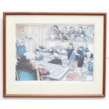 A signed limited edition colour print titled My Next Point Is... depicting a court room drama, by